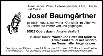 Traueranzeige von Josef Baumgärtner von Nürnberger Nachrichten