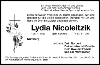 Traueranzeige von Lydia Nicoleitzik von Nürnberger Nachrichten