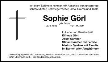 Traueranzeige von Sophie Görl von Nürnberger Nachrichten