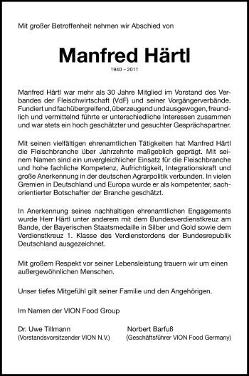 Traueranzeige von Manfred Härtl von Nürnberger Nachrichten