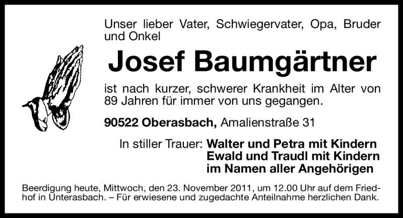  Traueranzeige für Josef Baumgärtner vom 23.11.2011 aus Nürnberger Nachrichten