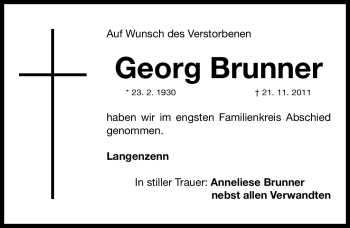 Traueranzeige von Georg Brunner von Nürnberger Nachrichten