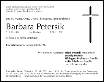 Traueranzeige von Barbara Petersik von Nürnberger Nachrichten