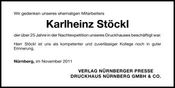 Traueranzeige von Karlheinz Stöckl von Nürnberger Nachrichten