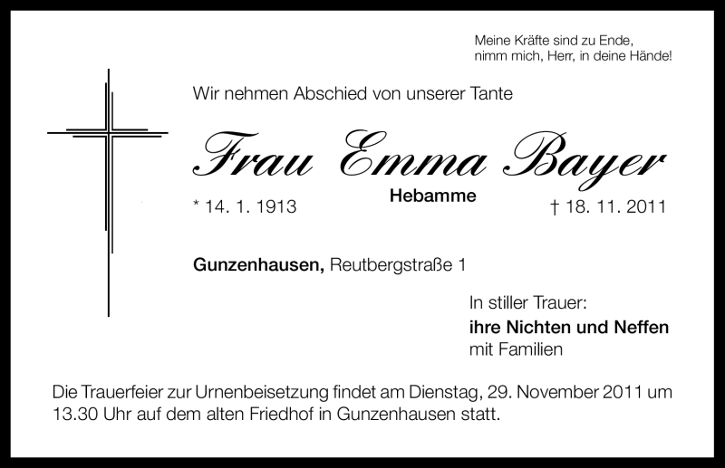  Traueranzeige für Emma Bayer vom 28.11.2011 aus Nürnberger Nachrichten
