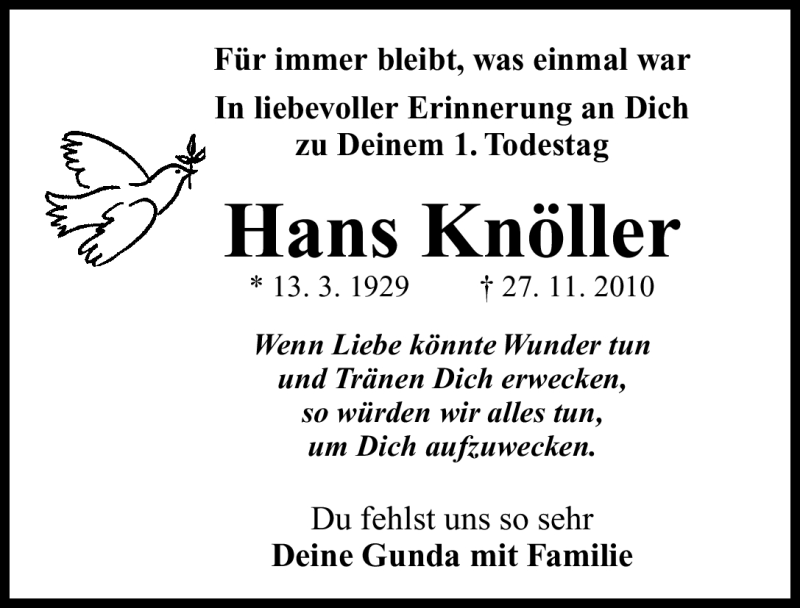  Traueranzeige für Hans Knöller vom 26.11.2011 aus Nürnberger Nachrichten