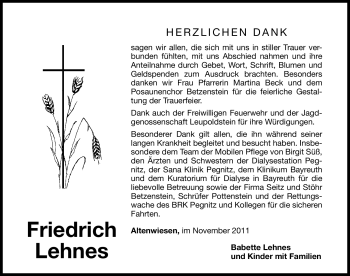 Traueranzeige von Friedrich Lehnes von Nürnberger Nachrichten