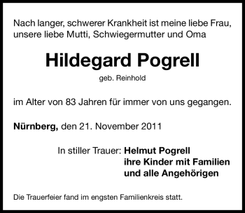 Traueranzeige von Hildegard Pogrell von Nürnberger Nachrichten