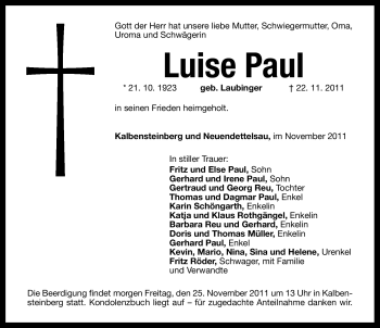 Traueranzeige von Luise Paul von Nürnberger Nachrichten