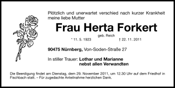 Traueranzeige von Herta Forkert von Nürnberger Nachrichten