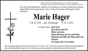 Traueranzeige von Marie Hager von Nürnberger Nachrichten