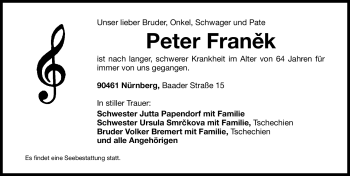 Traueranzeige von Peter Franek von Nürnberger Nachrichten