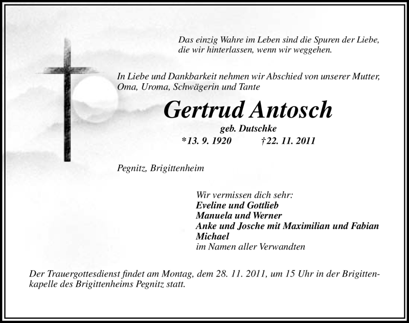  Traueranzeige für Gertrud Antosch vom 25.11.2011 aus Nürnberger Nachrichten