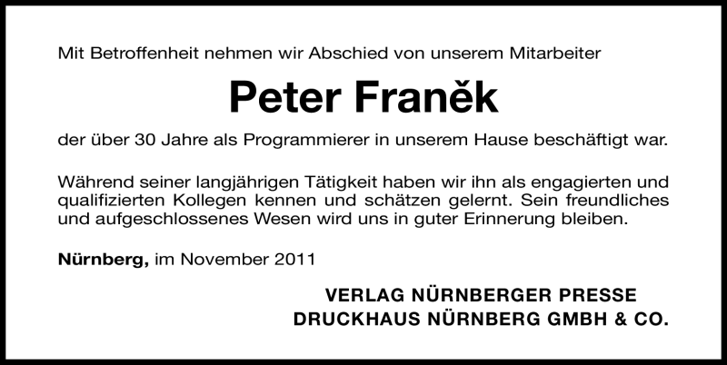  Traueranzeige für Peter Franek vom 26.11.2011 aus Nürnberger Nachrichten