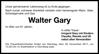 Traueranzeige von Walter Gary von Nürnberger Nachrichten