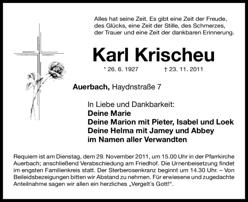  Traueranzeige für Karl Krischeu vom 26.11.2011 aus Nürnberger Nachrichten