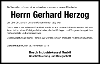 Traueranzeige von Gerhard Herzog von Nürnberger Nachrichten