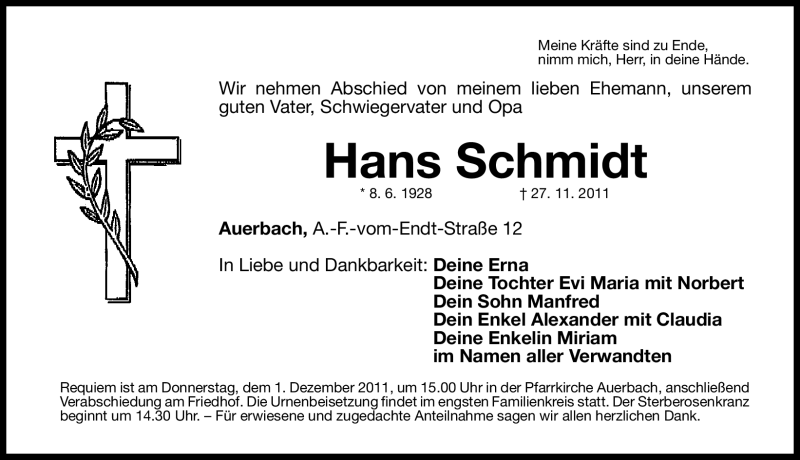  Traueranzeige für Hans Schmidt vom 29.11.2011 aus Nürnberger Nachrichten