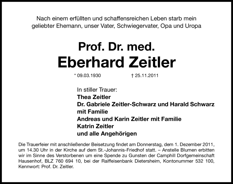 Traueranzeige für Eberhard Zeitler vom 29.11.2011 aus Nürnberger Nachrichten