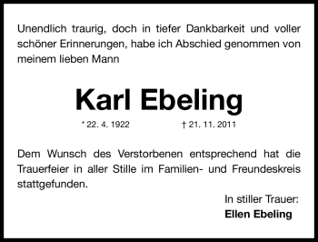 Traueranzeige von Karl Ebeling von Nürnberger Nachrichten