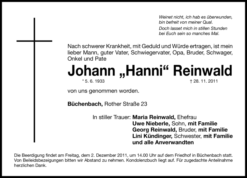  Traueranzeige für Johann Reinwald vom 30.11.2011 aus Nürnberger Nachrichten