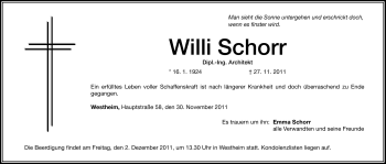 Traueranzeige von Willi Schorr von Nürnberger Nachrichten