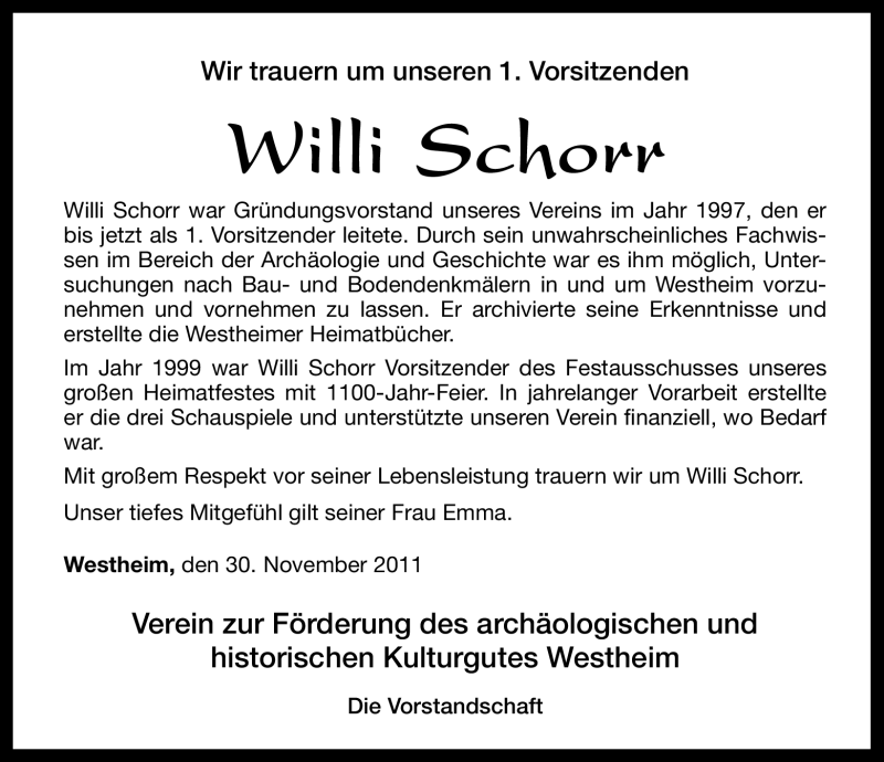  Traueranzeige für Willi Schorr vom 30.11.2011 aus Nürnberger Nachrichten