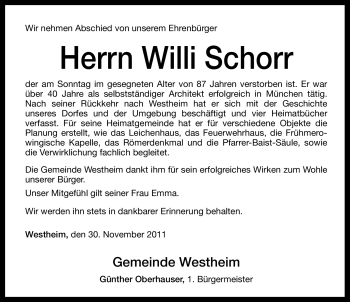 Traueranzeige von Willi Schorr von Nürnberger Nachrichten