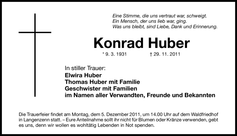  Traueranzeige für Konrad Huber vom 03.12.2011 aus Nürnberger Nachrichten