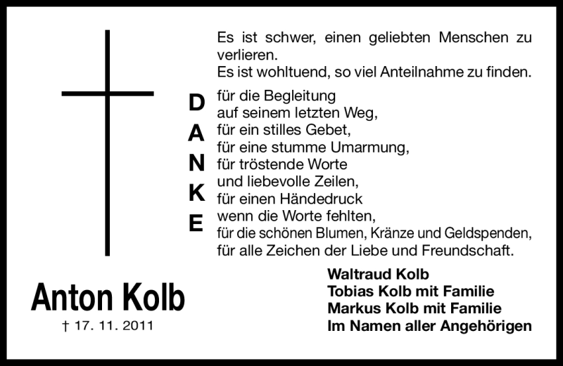  Traueranzeige für Anton Kolb vom 03.12.2011 aus Nürnberger Nachrichten