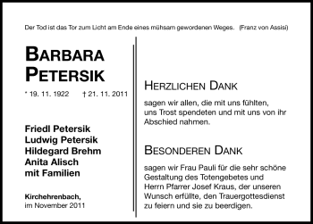 Traueranzeige von Barbara Petersik von Nürnberger Nachrichten