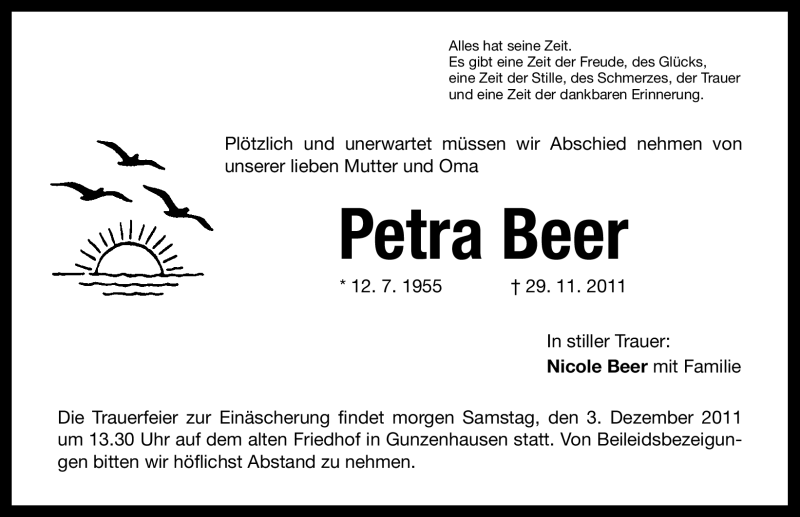  Traueranzeige für Petra Beer vom 02.12.2011 aus Nürnberger Nachrichten