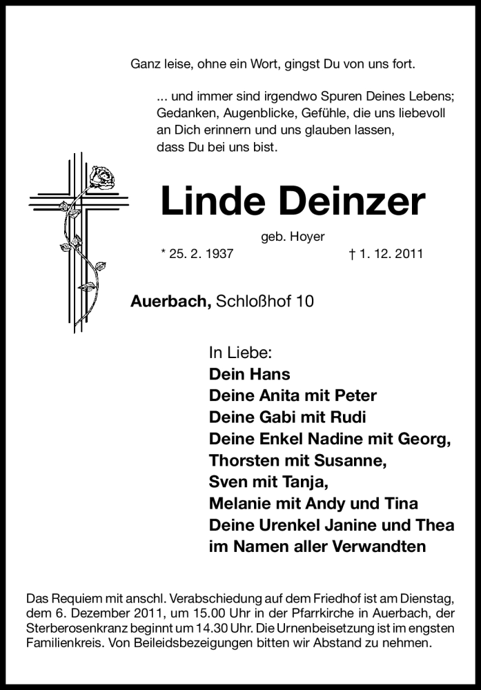 Traueranzeige für Linde Deinzer vom 03.12.2011 aus Nürnberger Nachrichten