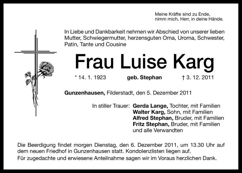  Traueranzeige für Luise Karg vom 05.12.2011 aus Nürnberger Nachrichten