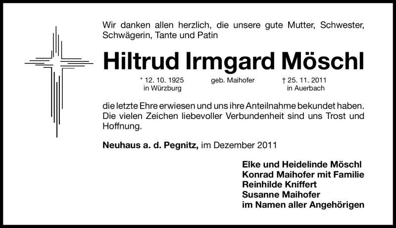  Traueranzeige für Hiltrud Irmgard Möschl vom 10.12.2011 aus Nürnberger Nachrichten