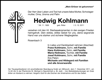 Traueranzeige von Hedwig Kohlmann von Nürnberger Nachrichten