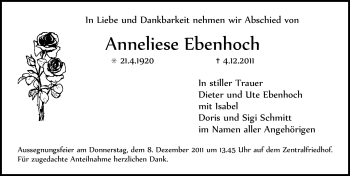 Traueranzeige von Anneliese Ebenhoch von Nürnberger Nachrichten