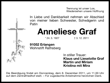 Traueranzeige von Anneliese Graf von Nürnberger Nachrichten
