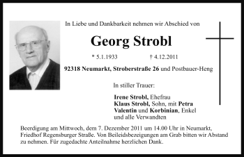 Traueranzeige von Georg Strobl von Nürnberger Nachrichten