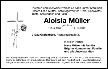 Traueranzeige von Aloisia Müller von Nürnberger Nachrichten