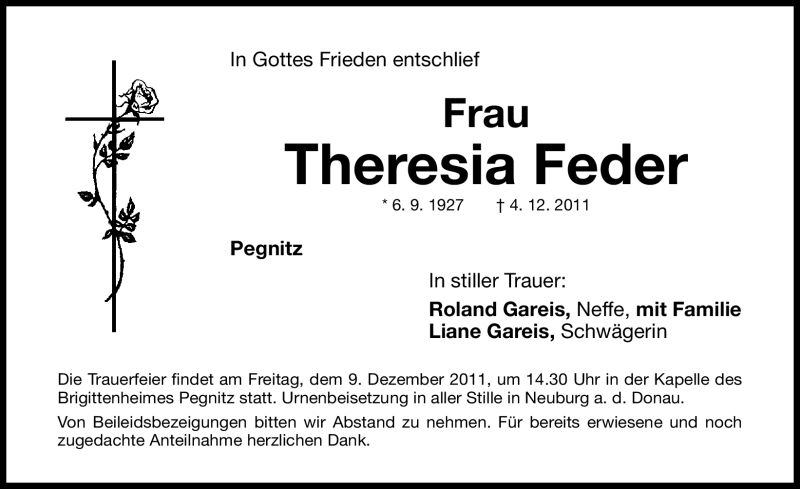  Traueranzeige für Theresia Feder vom 07.12.2011 aus Nürnberger Nachrichten