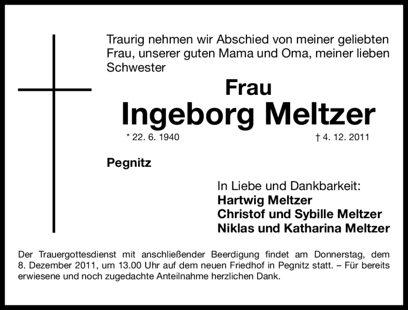  Traueranzeige für Ingeborg Meltzer vom 07.12.2011 aus Nürnberger Nachrichten
