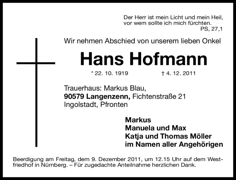  Traueranzeige für Hans Hofmann vom 07.12.2011 aus Nürnberger Nachrichten