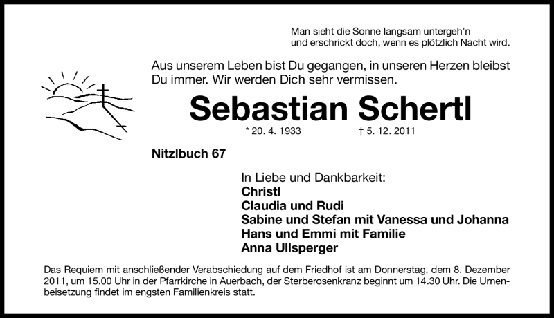  Traueranzeige für Sebastian Schertl vom 07.12.2011 aus Nürnberger Nachrichten