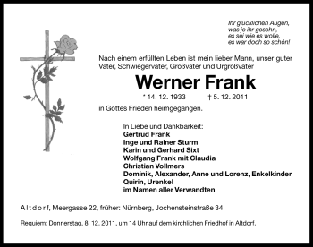 Traueranzeige von Werner Frank von Nürnberger Nachrichten