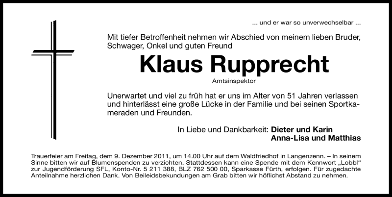  Traueranzeige für Klaus Rupprecht vom 07.12.2011 aus Nürnberger Nachrichten
