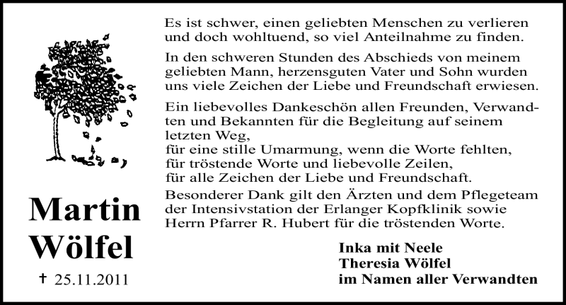  Traueranzeige für Martin Wölfel vom 10.12.2011 aus Nürnberger Nachrichten