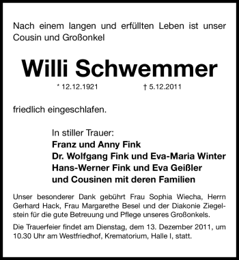 Traueranzeige von Willi Schwemmer von Nürnberger Nachrichten