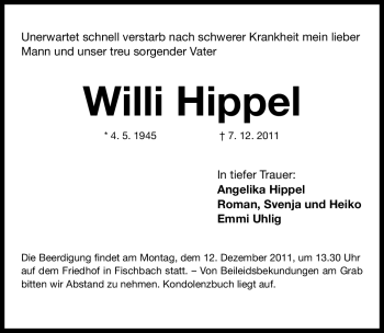 Traueranzeige von Willi Hippel von Nürnberger Nachrichten
