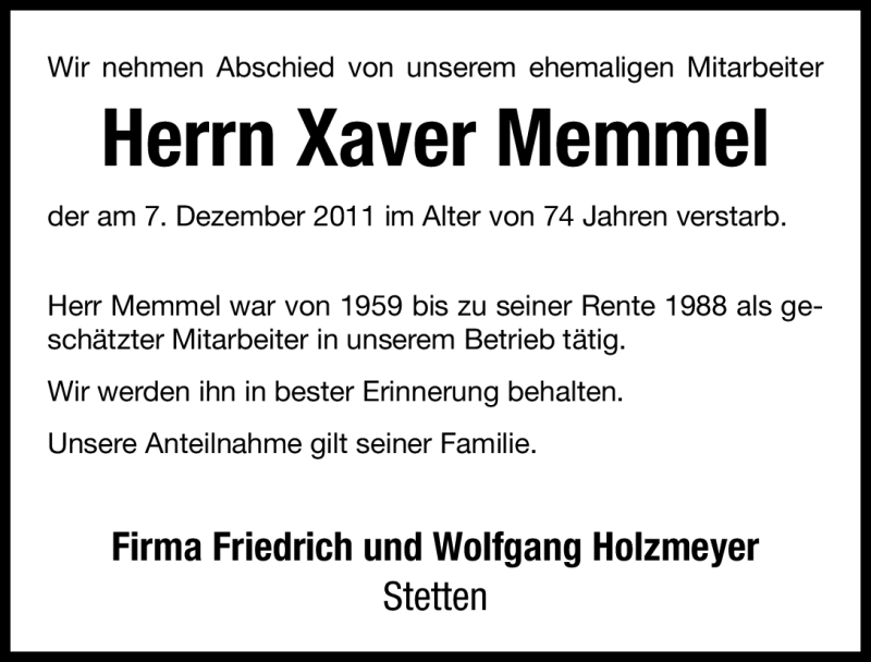 Traueranzeigen Von Xaver Memmel | Trauer.nn.de